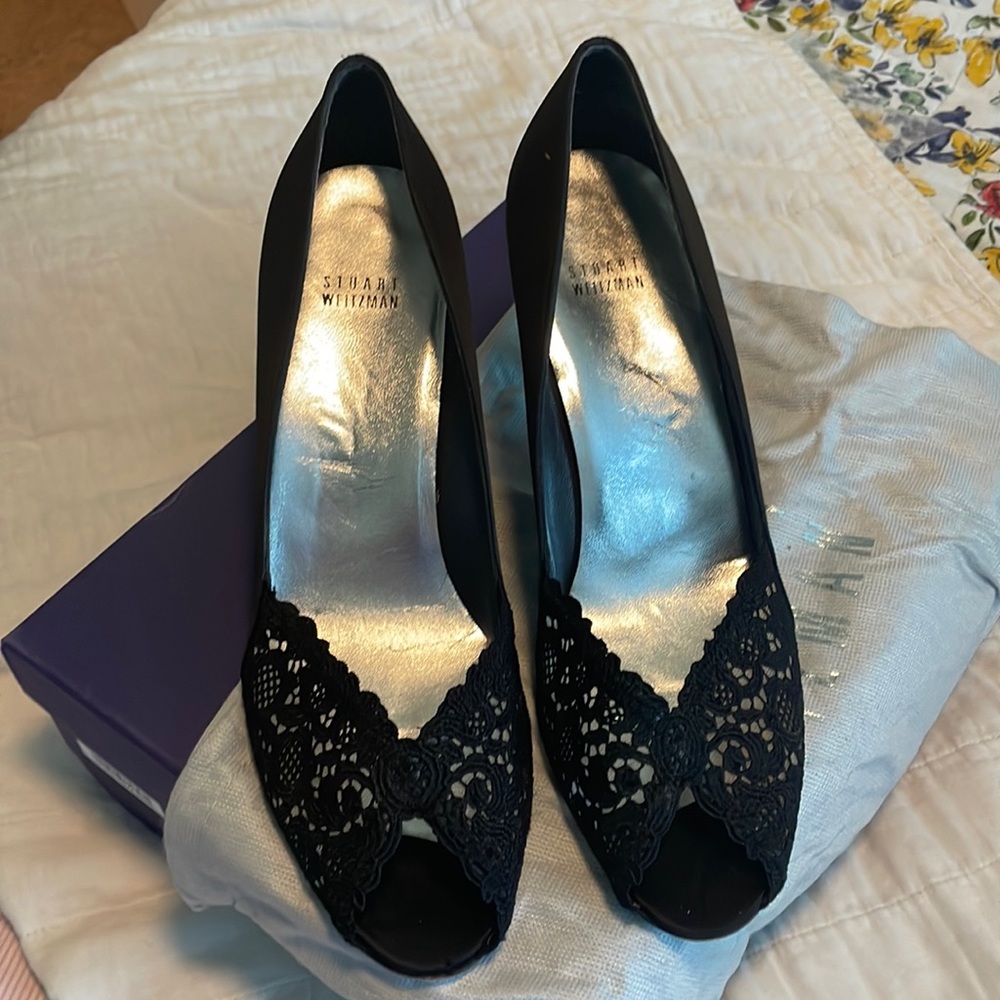 Stuart Weitzman black satin peep toe